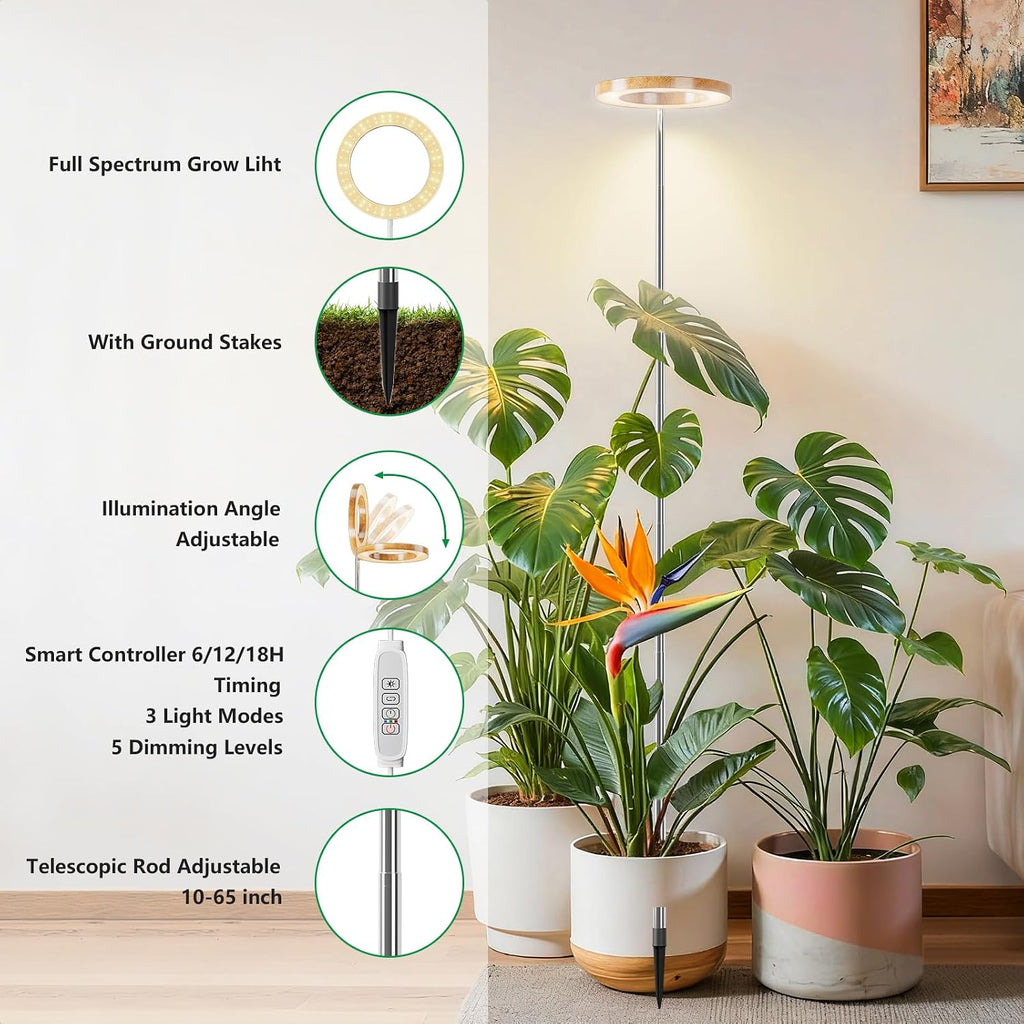 SDOVUERC Full Spectrum Grow Lights for Indoor Plants – Adjustable Height Plant Lamp with Wood‑Grain Finish, 6/12/18H