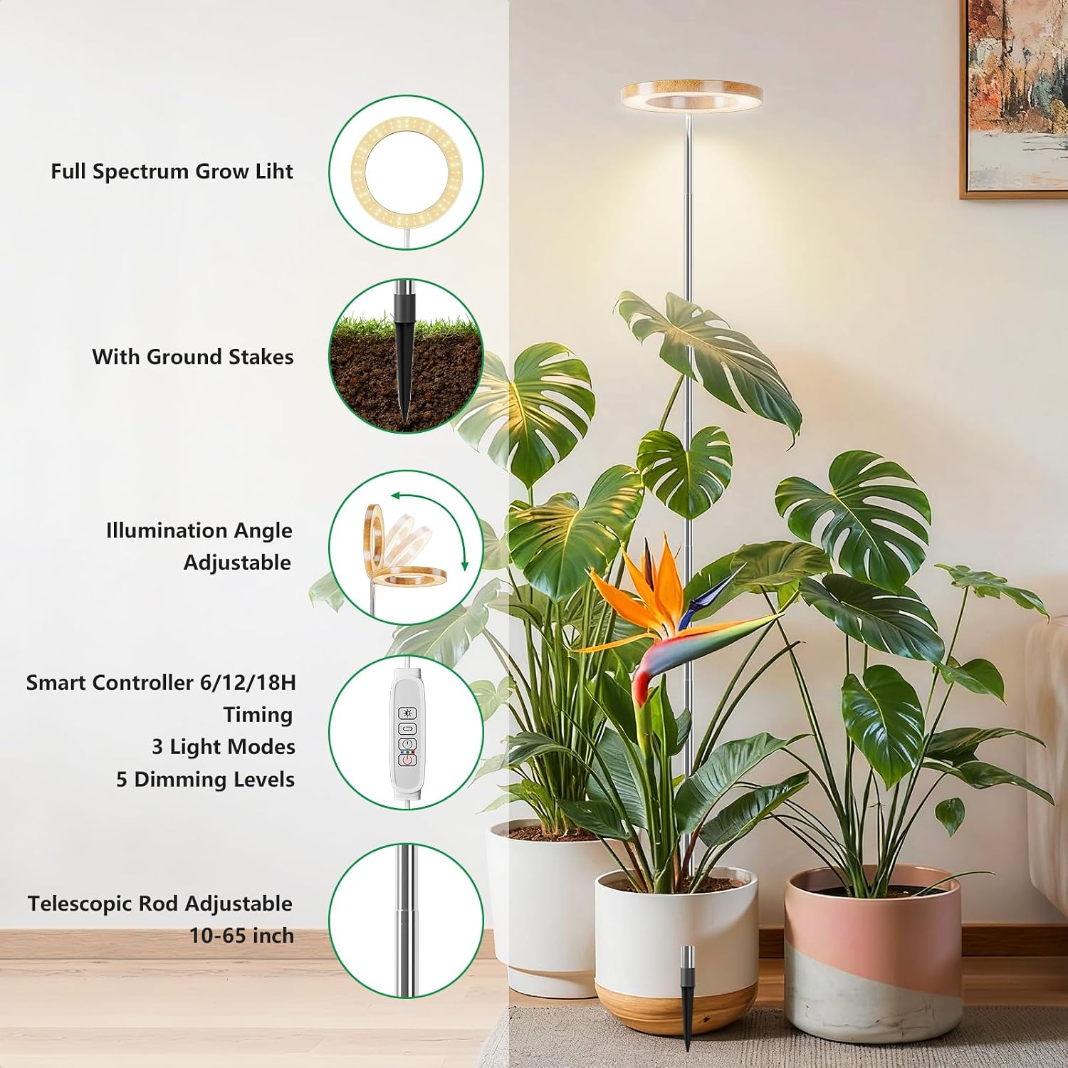 SDOVUERC Full Spectrum Grow Lights for Indoor Plants – Adjustable Height Plant Lamp with Wood‑Grain Finish, 6/12/18H