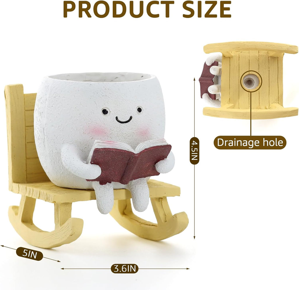 Smiley Face Planter Pot, Cute Resin Head Planter with Drainage Hole, Unique Rocking Chair Succulent Pot for Indoor