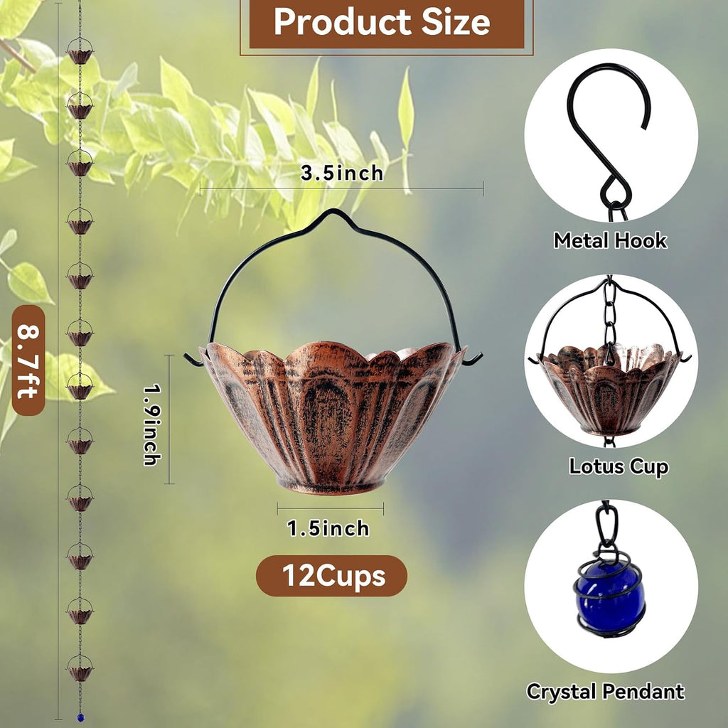 Copper Lotus Rain Chain for Gutters, 8.7 FT Decorative Downspout | Handcrafted Finish, 12 Lotus Cups, Smooth Water