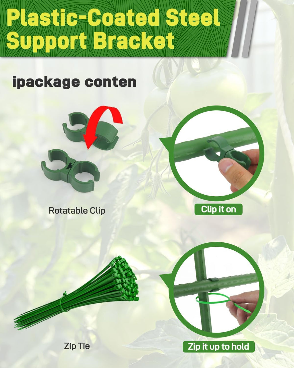 25 Pack 4FT Garden Stakes with Clips & Ties, 0.78" Steel Core Plastic Covered Plant Support Stakes for Tomatoes