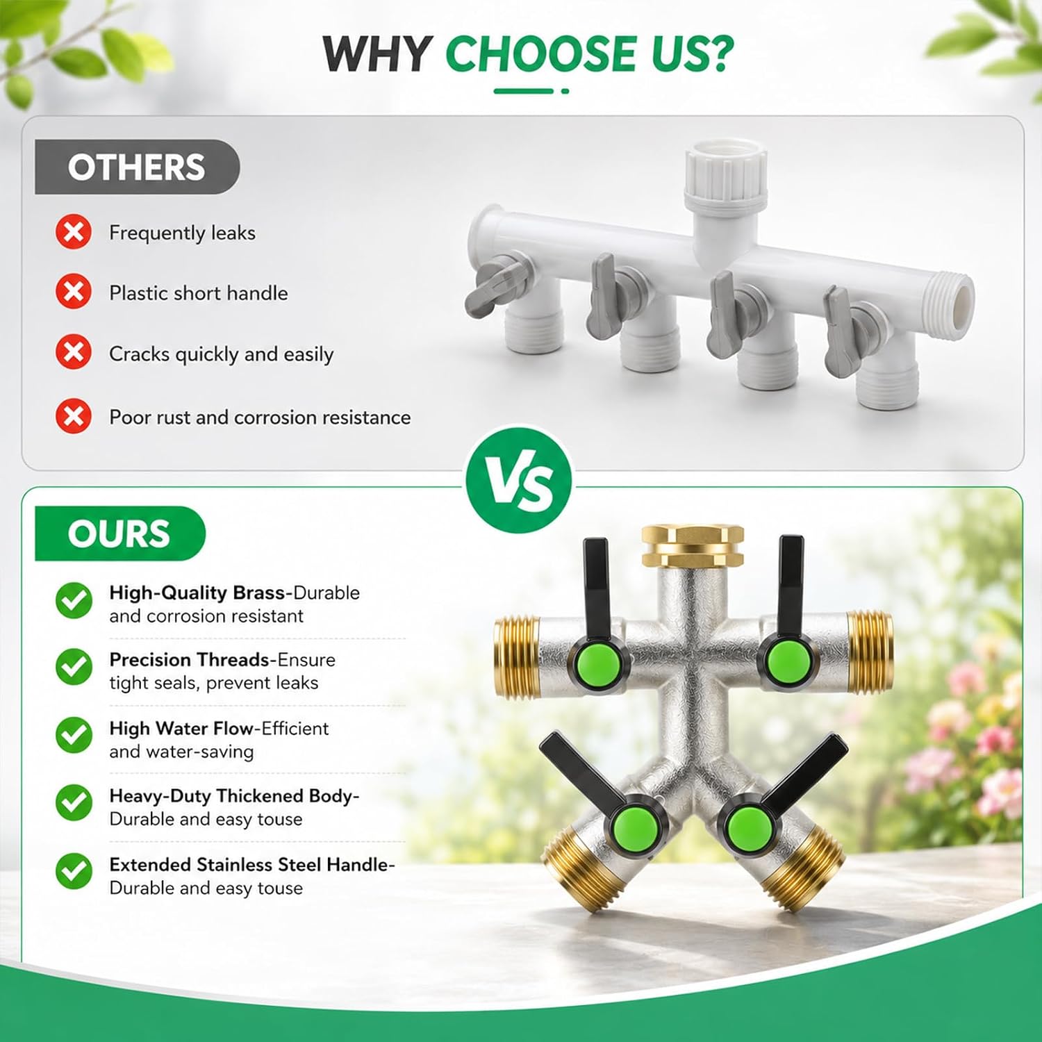4 Way Hose Splitter, Heavy Duty Brass Garden Hose Connector, 3/4" GHT Water Spigot Splitter with 4 Shutoff Valves, High