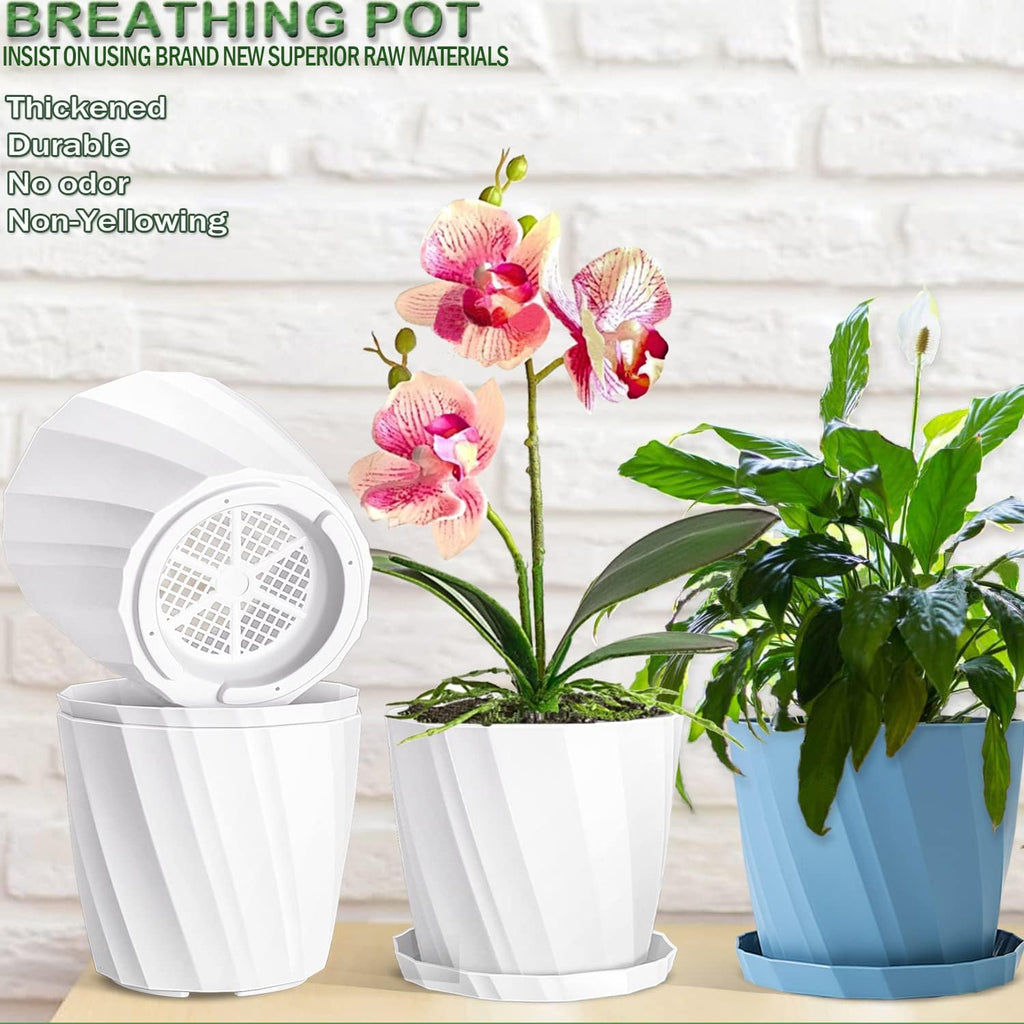 8 Inch Plant Pots with Drainage Holes and Saucers - Flower Pots for Indoor Plants - White Plastic Planters for Outdoor