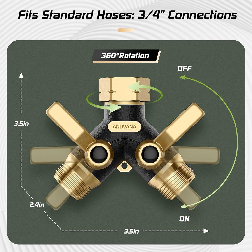 Hose Splitter 2 Way Heavy Duty, Garden Hose Splitter- Full Metal Body Y Type with Dual Shut Off Valves, 3/4" Standard