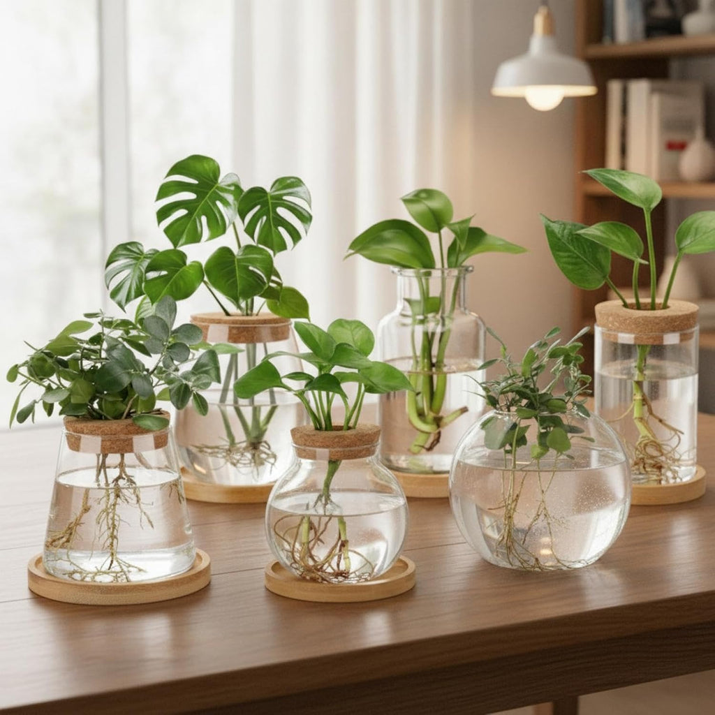Honeydak 6 Pcs Plants Propagation Stations Planter Terrariums with Wooden Lid and Bamboo Stand Desktop Glass