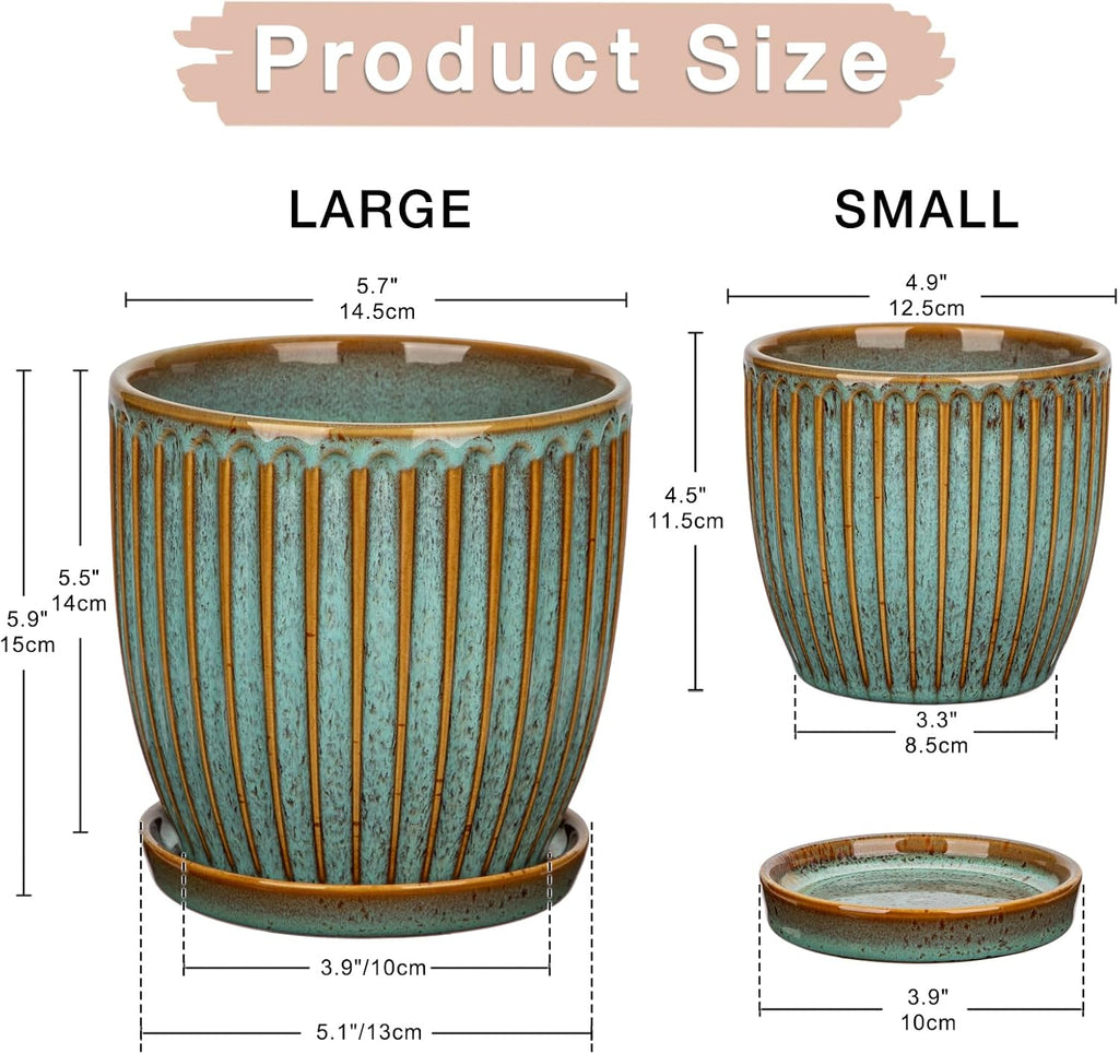 Oairse Ceramic Pots for Indoor Plants, 4.9 + 5.7 Inch Set of 2 Bluish Grey With Drainage Holes and Saucers, Texture