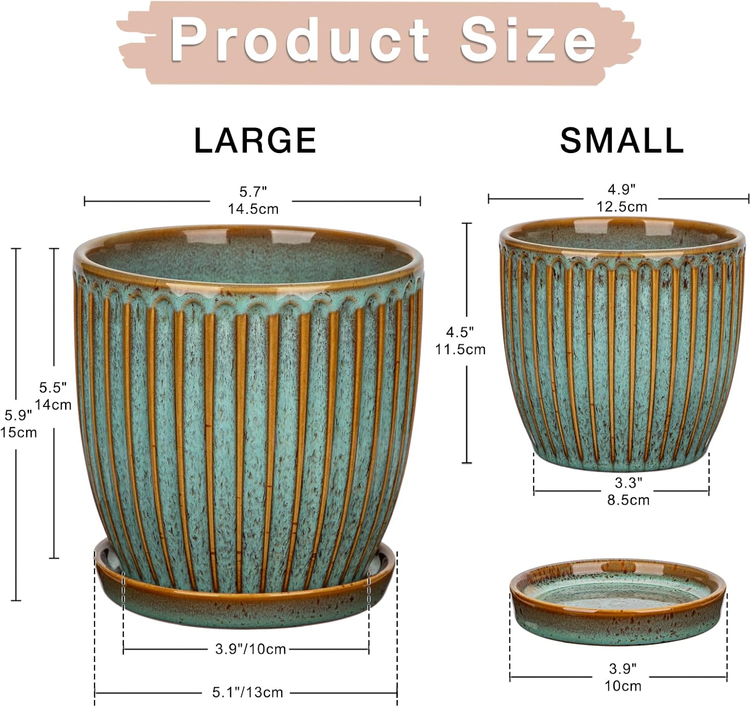 Oairse Ceramic Pots for Indoor Plants, 4.9 + 5.7 Inch Set of 2 Bluish Grey With Drainage Holes and Saucers, Texture