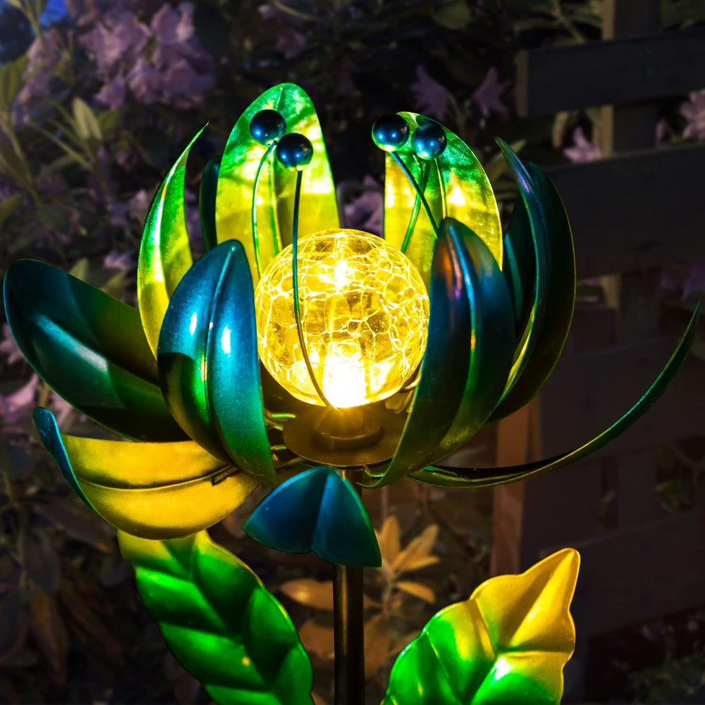 Solar Garden Lights Metal Flower Decor, Colorful Spinning Windmill Lotus Pathway Ligths with LED Cracked Crystal Ball