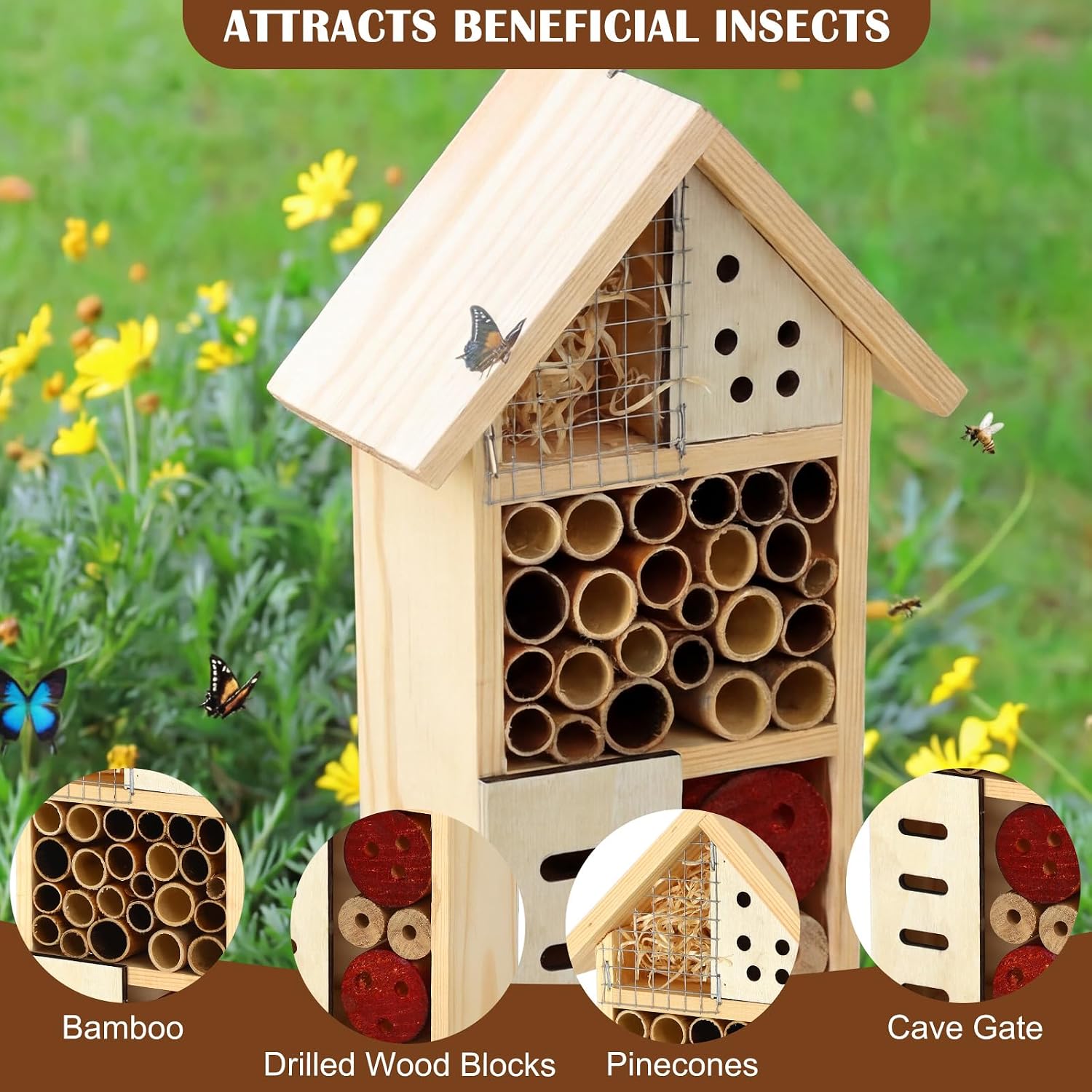 Novabright Wooden Insect House with Metal Stake Insect Hotel Bee House Natural Bug Habitat for Bee Butterfly Ladybirds