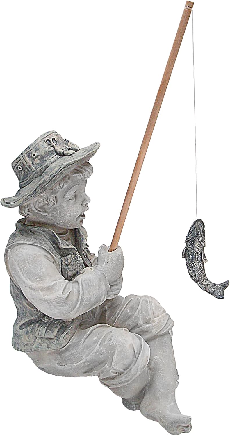 Design Toscano Frederic the Little Fisherman of Avignon Boy Fishing Garden Statue, 15 Inch Tall, Cast Stone Resin, Two