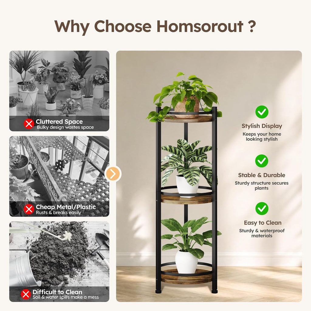 3 Tier Plant Stand Indoor Outdoor for Corner, Rustic | Tall Wood & Metal Plant Shelf, Rustproof Stable Flower Pot