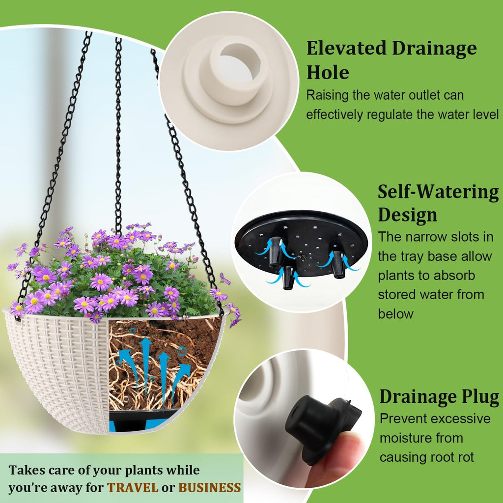 Hanging Planters 8 Inch & 10 Inch, 4 Pack Self Watering Baskets, White | Outdoor/Indoor Plants, Durable PP plastic