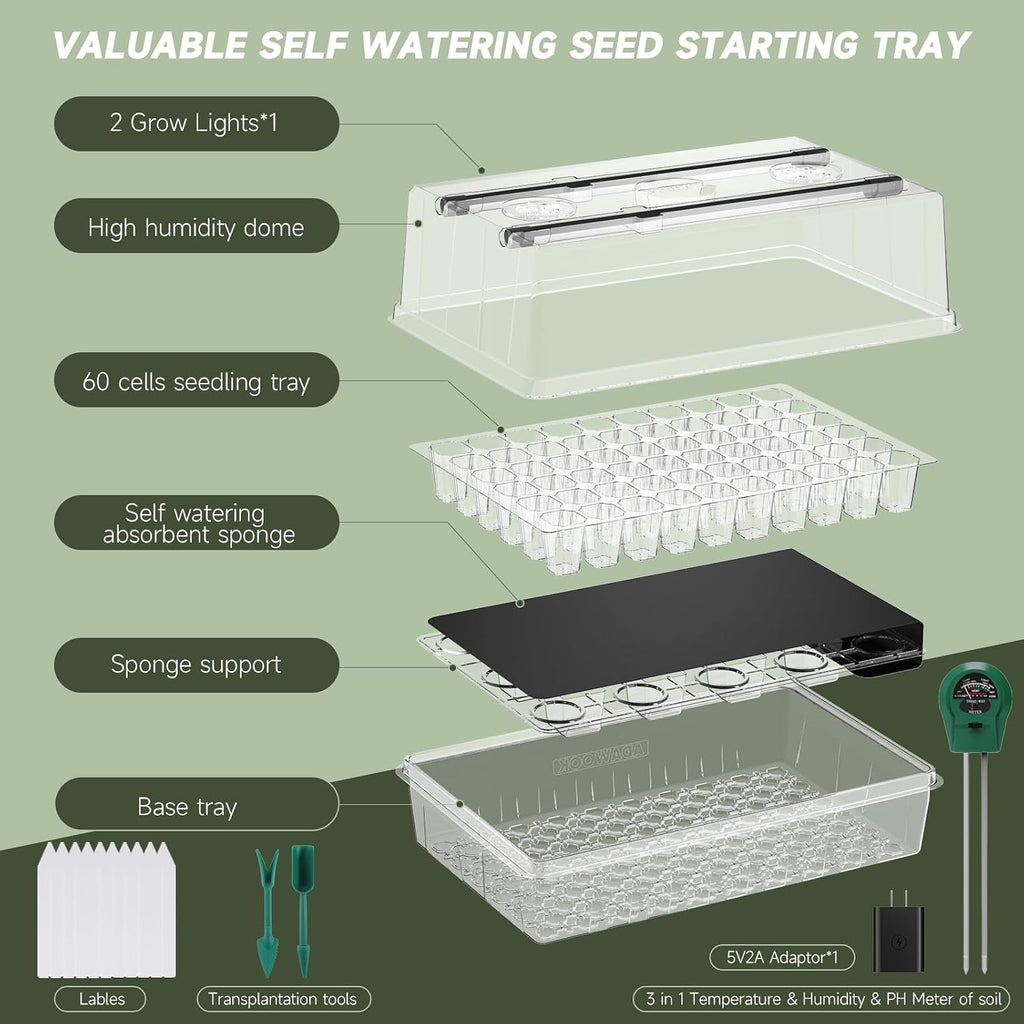 Adawook Self-Watering Seed Starter Tray with Grow Lights, Seed Starter Kit, Full Spectrum Grow Light for Seed Starting