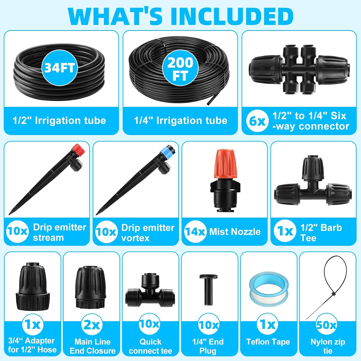 234FT Drip Irrigation System - Garden Watering System with Adjustable Three Spray Patterns with 1/2" Main Tube and 1/4"