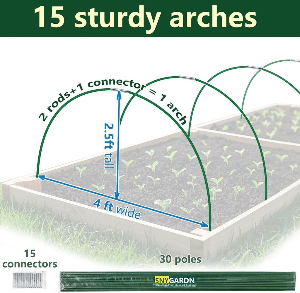 Garden Greenhouse Hoops Kit 15 Sets -2-Section Design, 8ft Grow Tunnels Poles Plant Raised Beds, 30 Pcs 4ft Solid