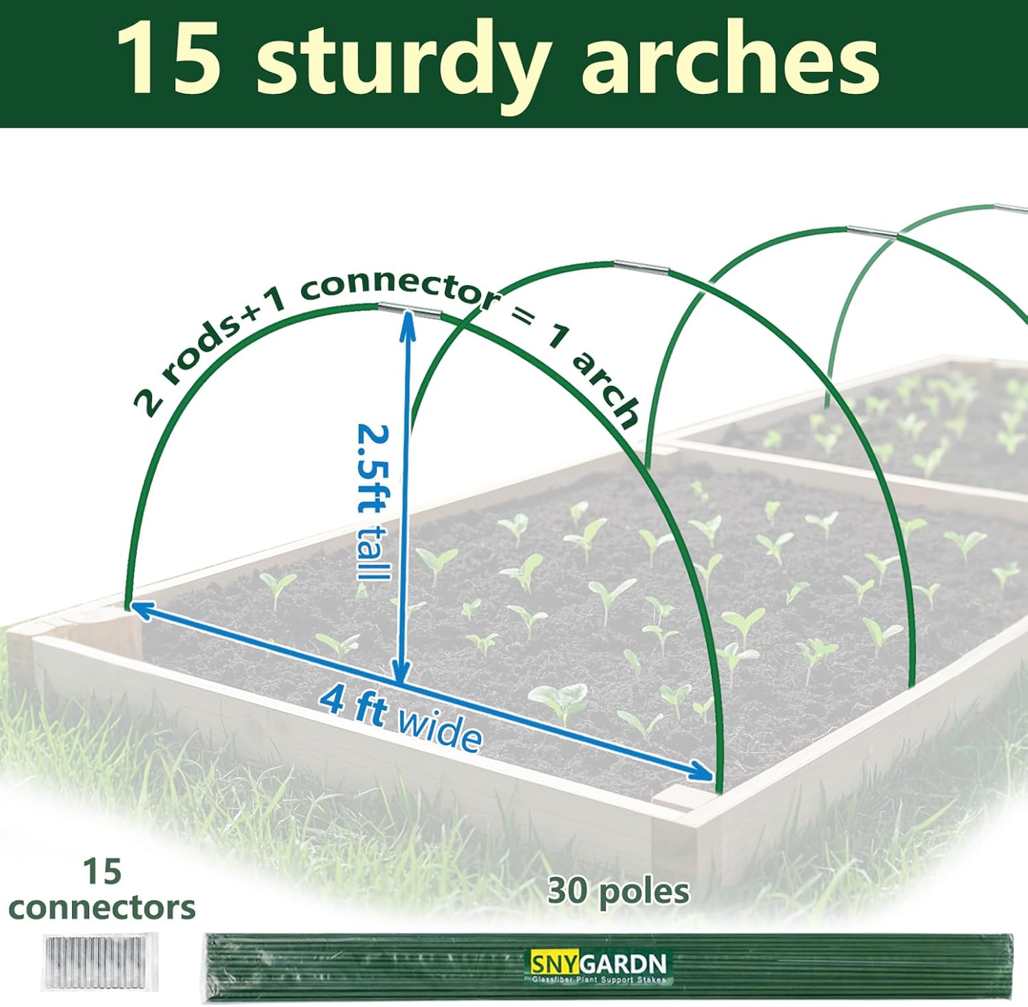 Garden Greenhouse Hoops Kit 15 Sets -2-Section Design, 8ft Grow Tunnels Poles Plant Raised Beds, 30 Pcs 4ft Solid