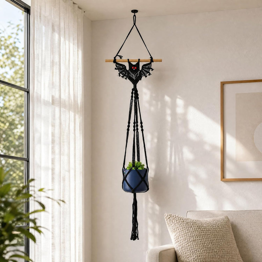 2-Pack Boho Bat Shape Gothic Plant Hanger, Macrame Handmade Pot Holder with Wooden Stick, Black Color Pot Holder for