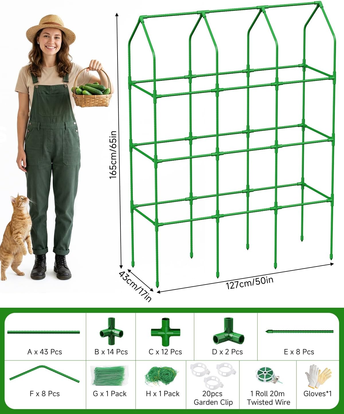 65" Cucumber Trellis for Climbing Plants Outdoor, Metal Garden Trellis for Raised Bed, Plant Support Structures with