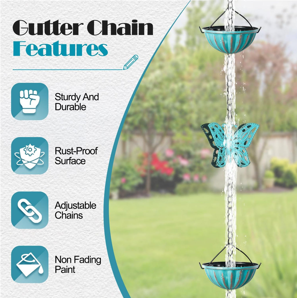 8.5 FT Butterfly Rain Chain with 12 Cups for Gutters Downspouts Outside | Metal Material, Large Opening to Avoid
