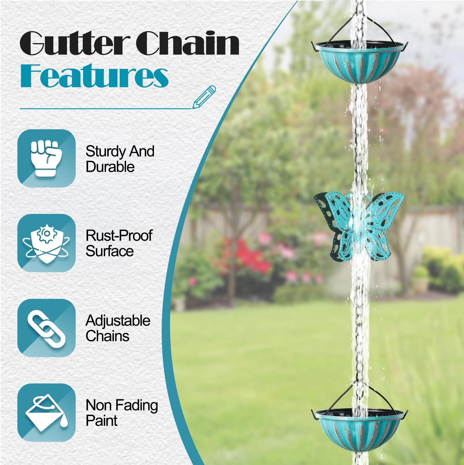 8.5 FT Butterfly Rain Chain with 12 Cups for Gutters Downspouts Outside | Metal Material, Large Opening to Avoid