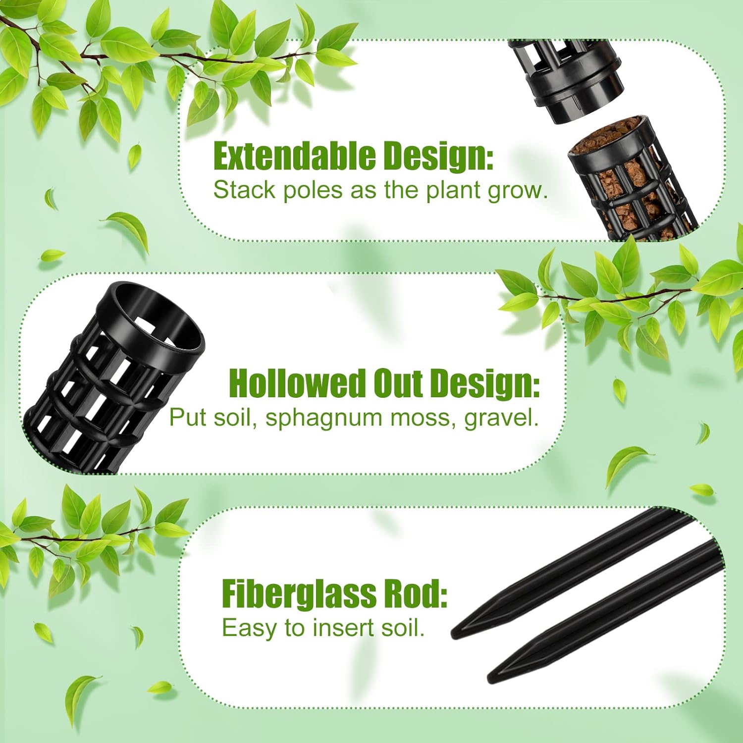 10 Set Plastic Moss Poles for Climbing Plants Indoor Stackable Self Watering Hollow Monstera Plant Support, Moss Not
