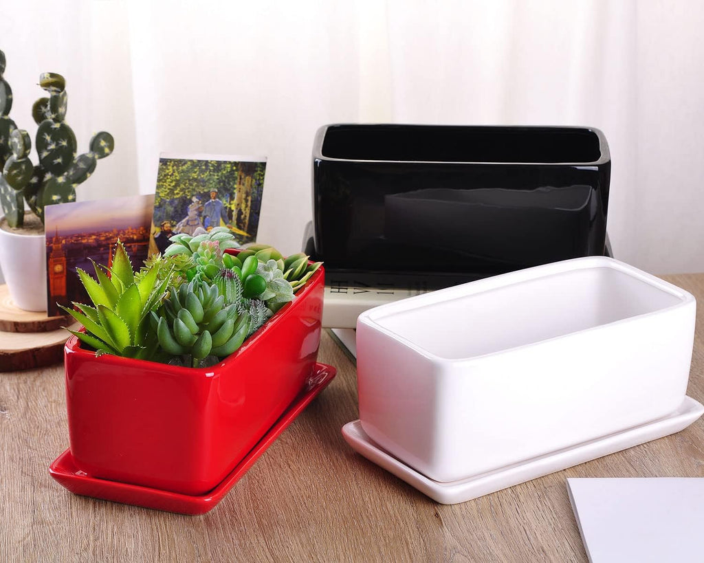 VanEnjoy 10 Inch White Rectangle Ceramic Succulent Planter Pot Decorative Cactus Plant Pot Flower Container with