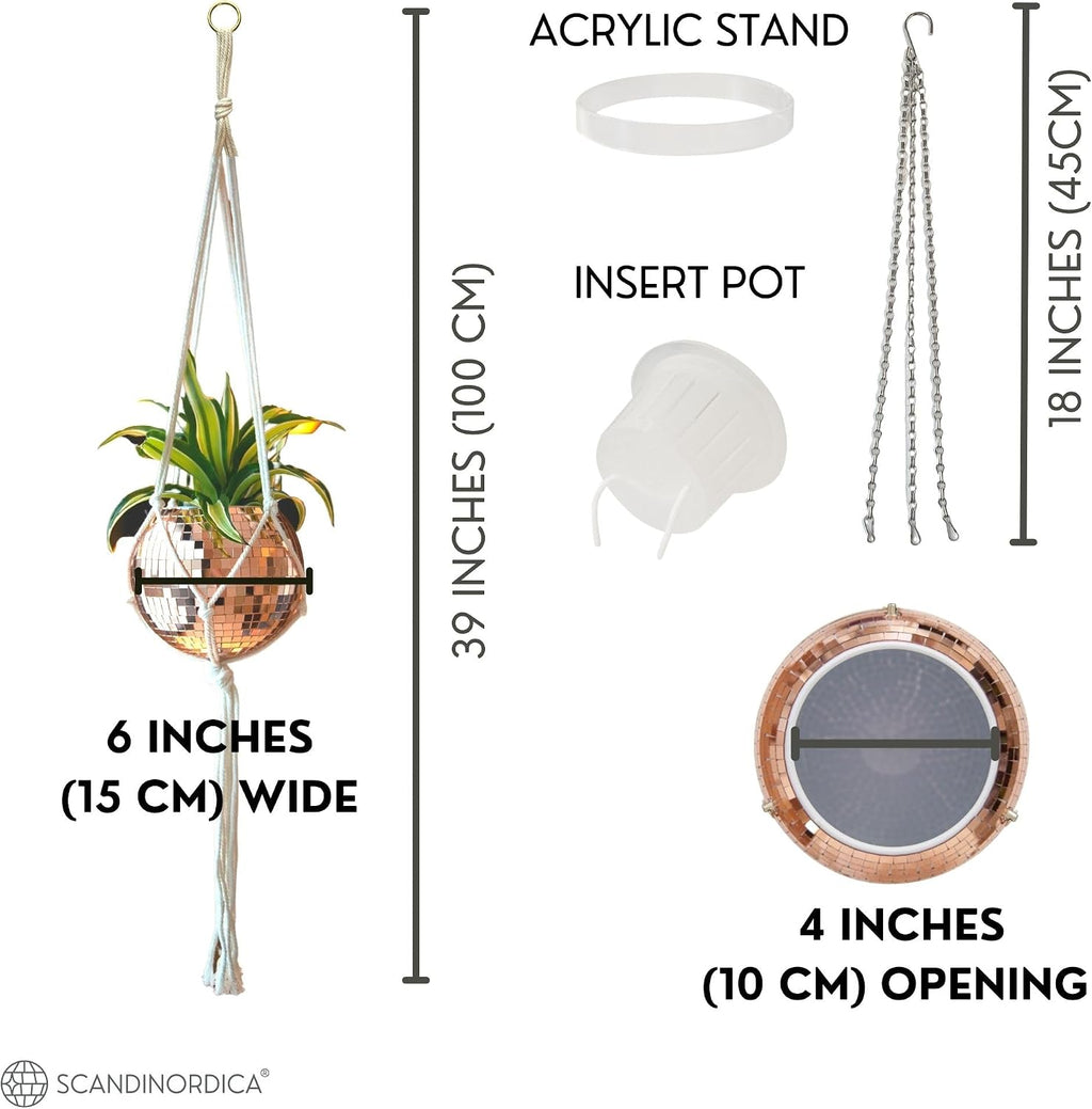 Disco Ball Planter – Value Package: Mirror Disco Planter with Chain, Macrame Hanger and Acrylic Stand for Desk