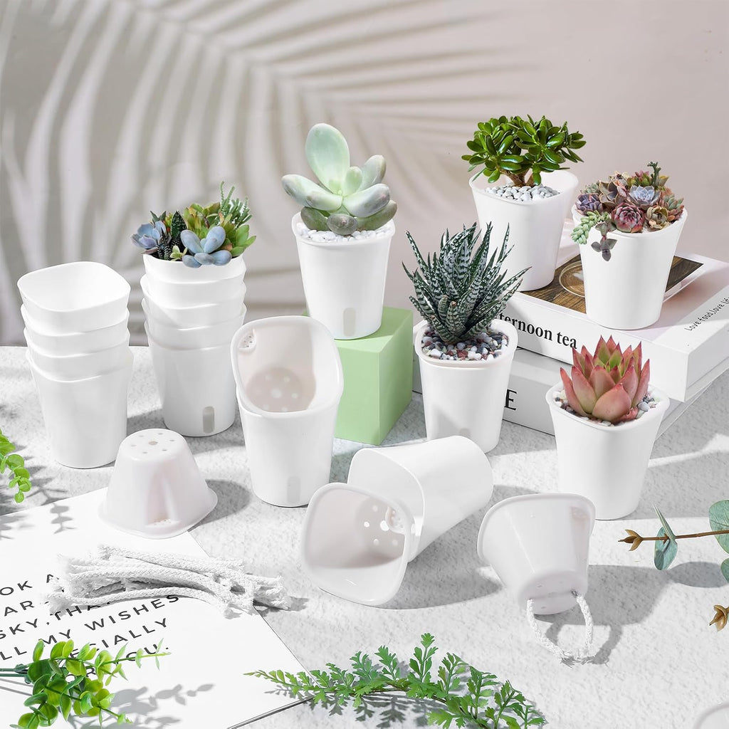 24 Pcs Self Watering Pots for Indoor Plants, 3 Inch White Plastic Self Watering Planters with Water Level Indicator