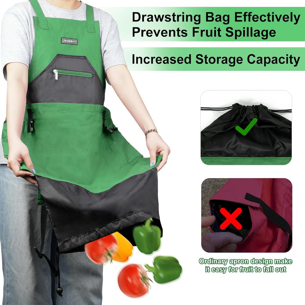 Garden Apron,Harvest Aprons with Drawstring Bag and Pockets for Women and Men,Canvas Fruit Picking Apron