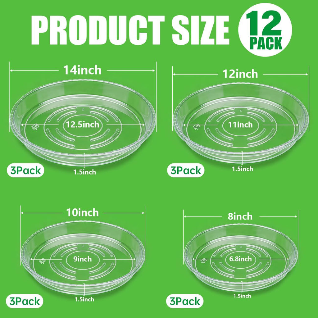 RooTrimmer 12 Pack Clear Plant Saucers for Pots,8" 10" 12" 14 Inch Assorted Sizes,Heavy Duty Thick Plastic Drip