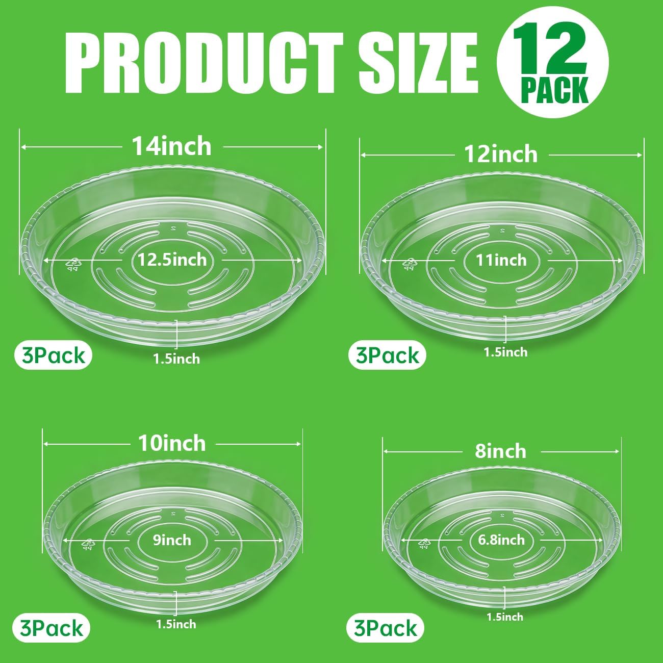 RooTrimmer 12 Pack Clear Plant Saucers for Pots,8" 10" 12" 14 Inch Assorted Sizes,Heavy Duty Thick Plastic Drip