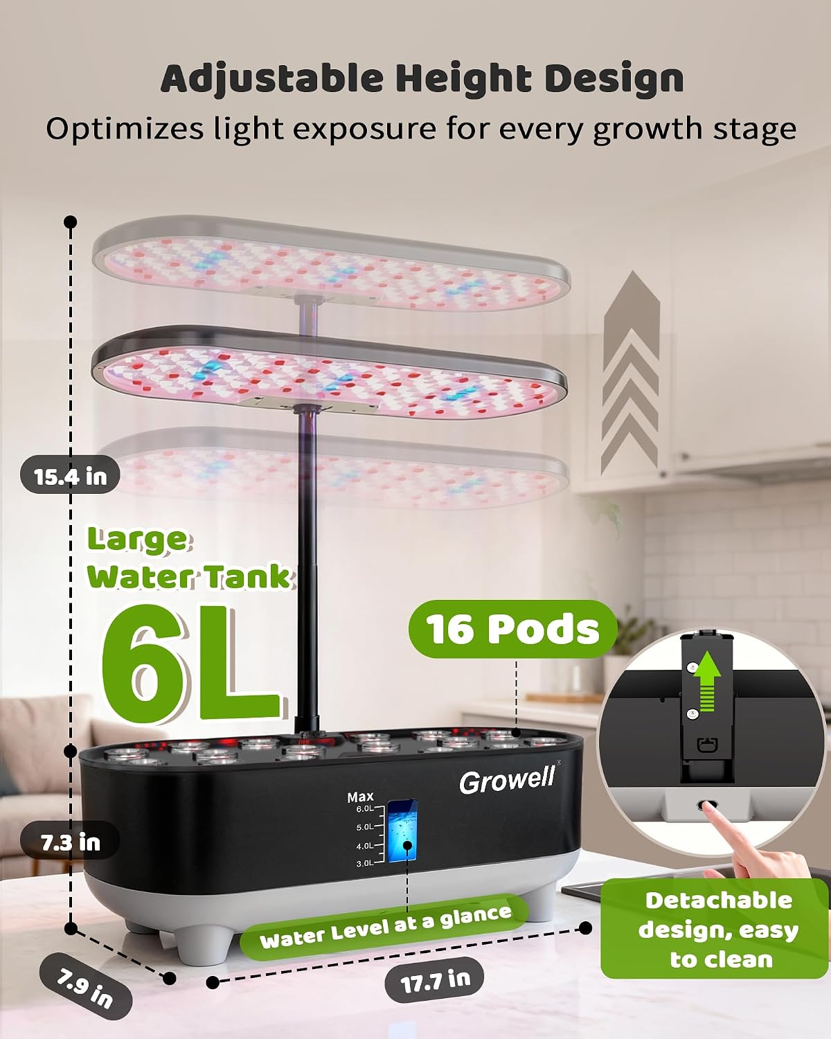Growell 16 Pods Hydroponics Growing System Kit with 3 Light Modes & 2 Timer | Smart Water Circulation, LED Grow Light