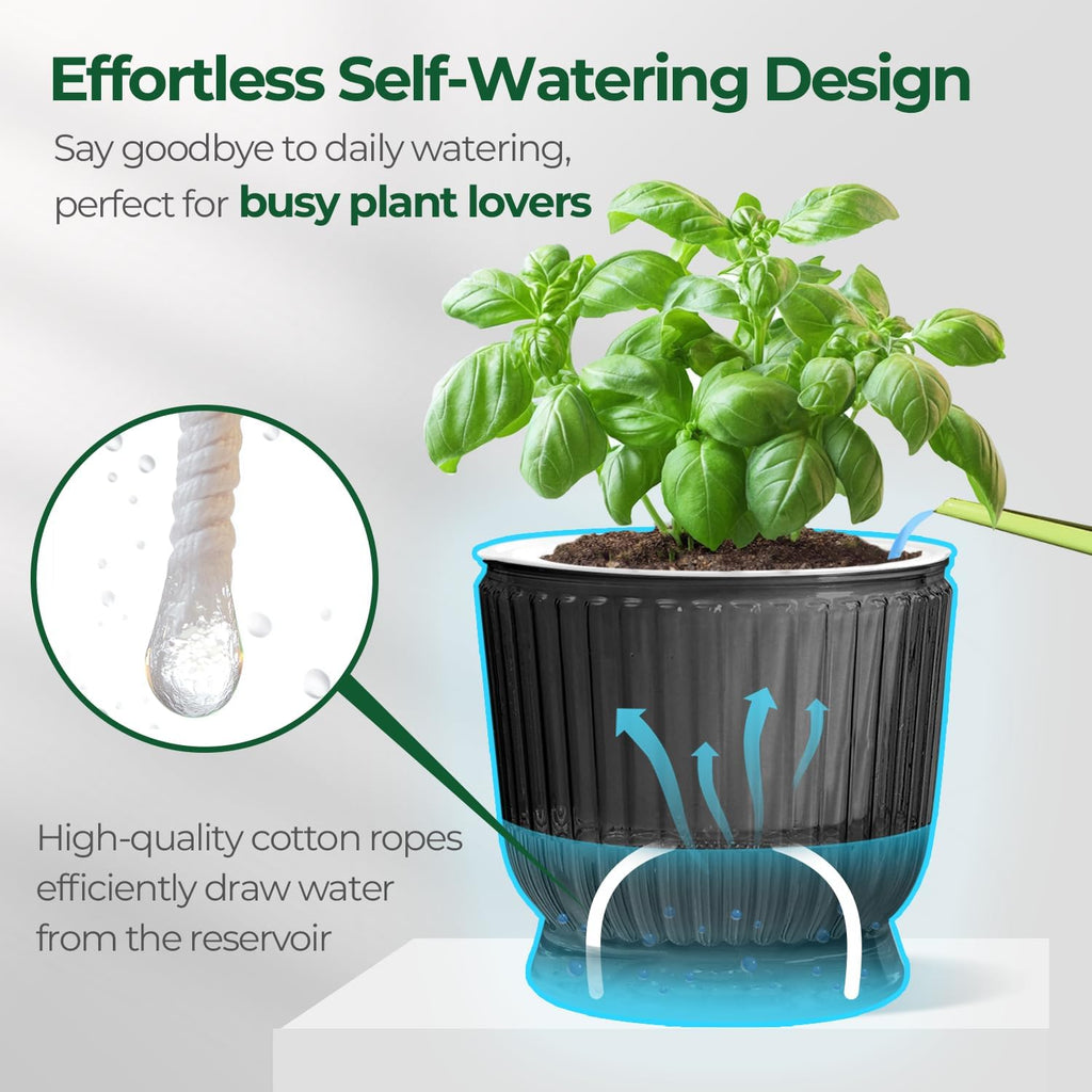T4U Self Watering Pots for Indoor Plants 6 Inch 4 Pack Planter Gray | Clear visible water level, Pothos ferns herbs