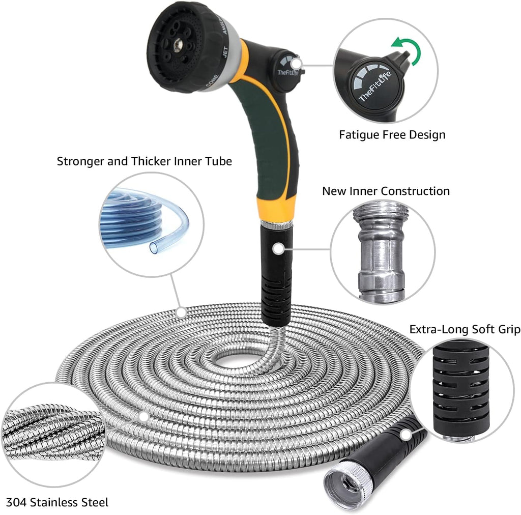 TheFitLife Flexible Metal Garden Water Hose - Upgrade Leak and Fray Resistant Design, Stainless Steel with Solid
