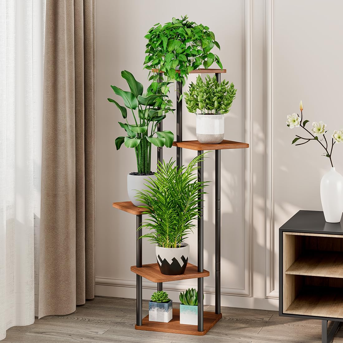 5 Tier Tall Plant Stand Indoor Corner Tiered Shelf Metal MDF Board | Sturdy Metal Frame,Space-saving Tiered Design