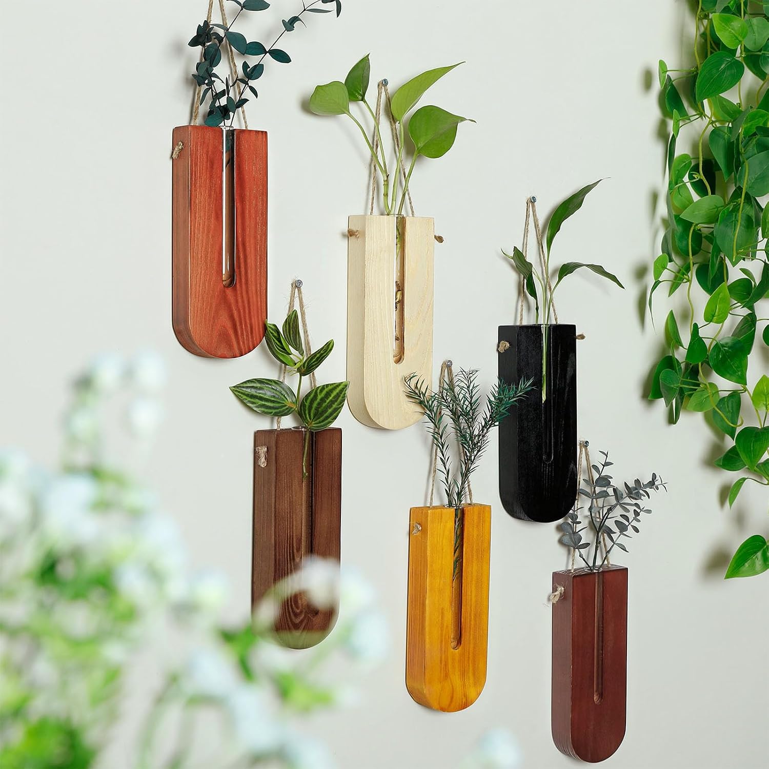 6 Pack Wooden Wall Planters for Indoor Plants Hanging Propagation Station | Wood Pocket Vases Wall Decor for Living