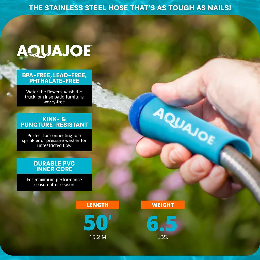 Aqua Joe 50-Foot Heavy Duty Garden Hose, Spiral 304 Stainless Steel Metal Hose, Puncture Proof, 1/2 Inch Diameter with