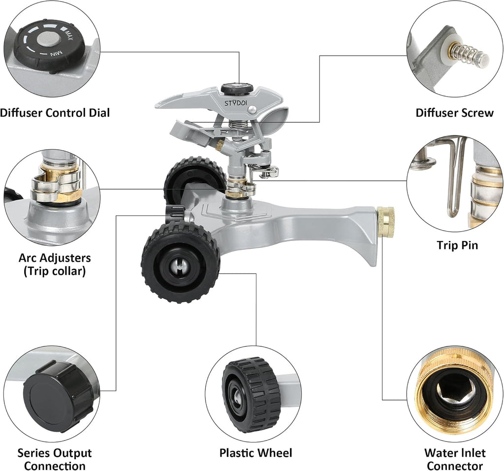 STYDDI Metal Pulsating Sprinkler on in-Series Metal Wheeled Base, Adjustable Circular Water Sprinkler for Medium to