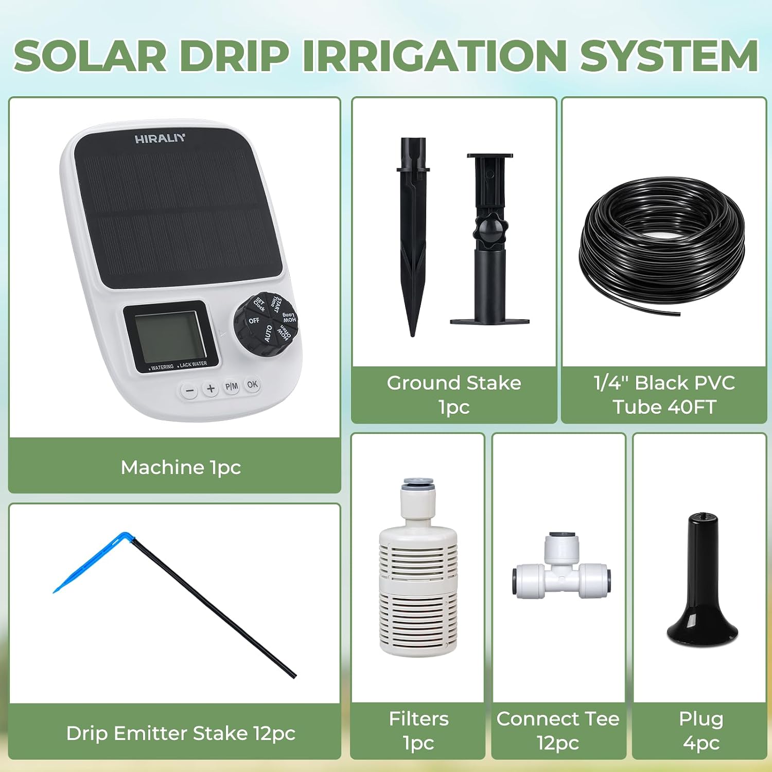 HIRALIY Solar Drip Irrigation System with Timer, Automatic Plant Watering | USB Backup, 12 Drip Emitter Stakes, 40FT