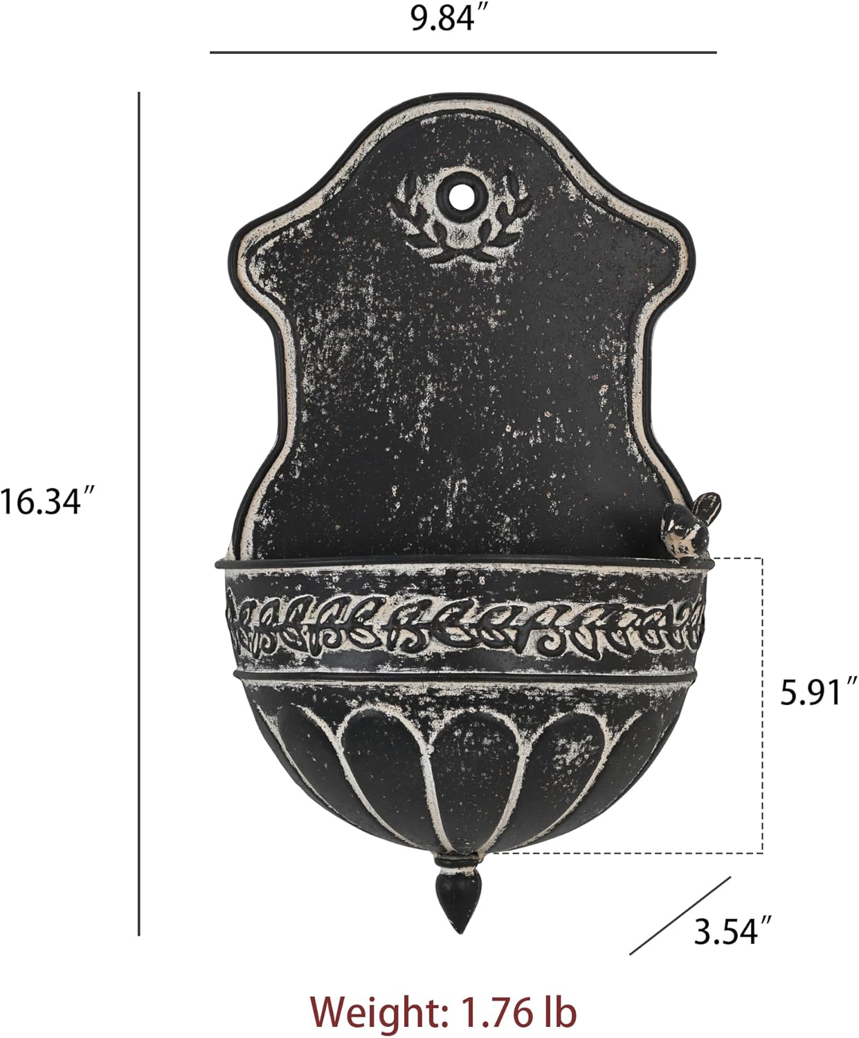 Vintage Distressed Black Metal Wall Planter, Rustic Hanging Pocket Planter with Scrollwork & Scalloped Design