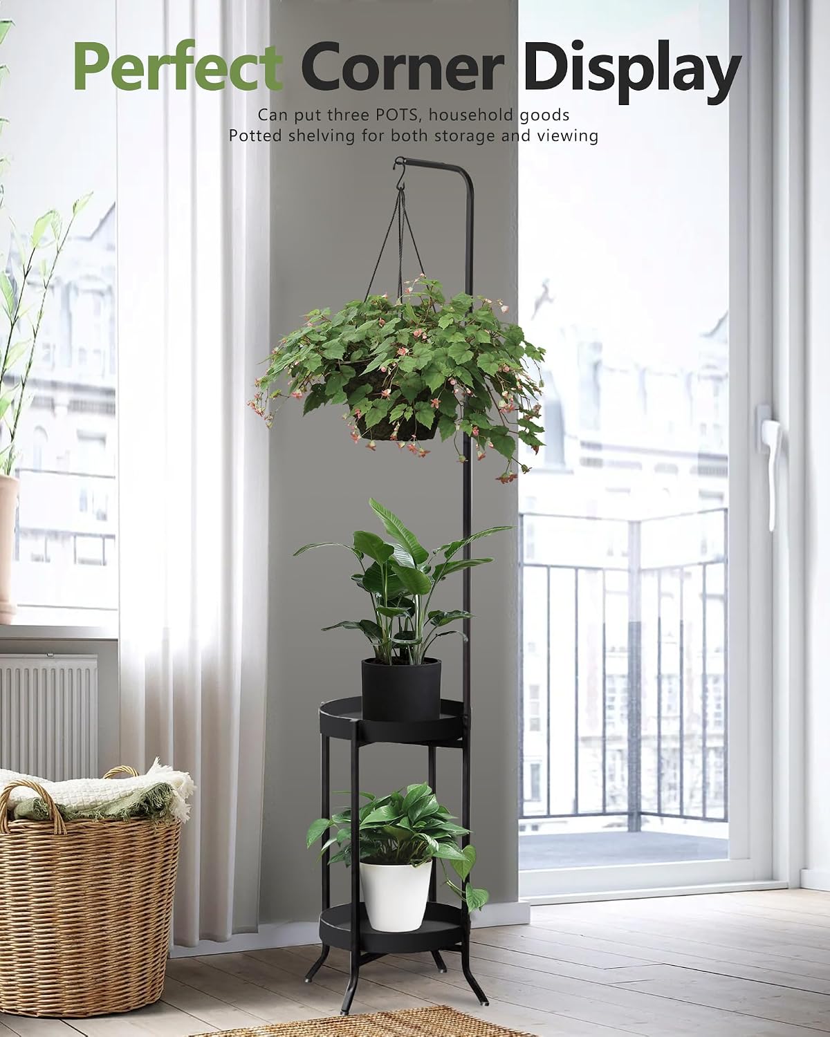 RINBOU Hanging Plant Stand Indoor Outdoor, Space-Saving Corner Metal Plant Shelf 3 Potted Flower Pot Stand, 2 Tier 61"