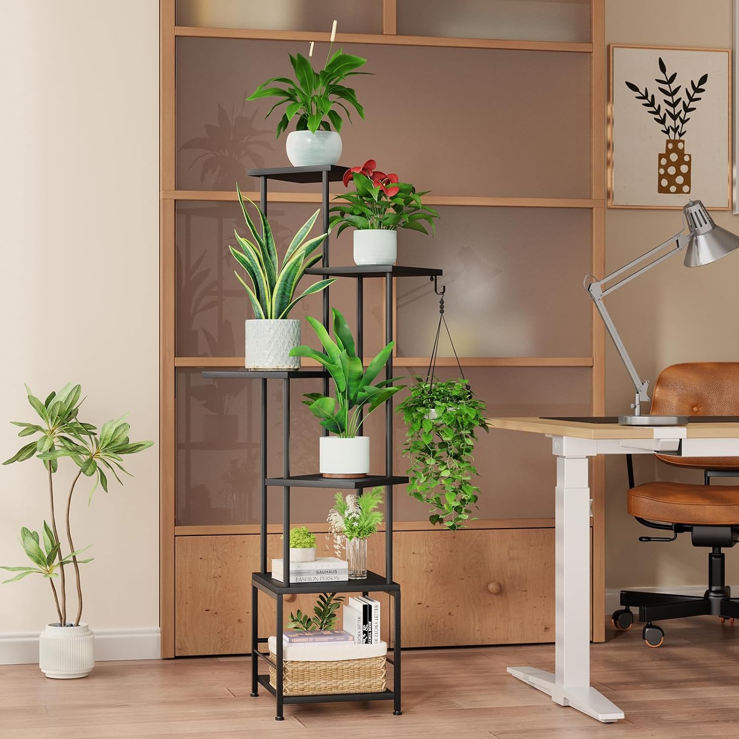 Plant Stand Indoor with Grow Light - 6-Tier Metal Plant Shelf with Hanging Basket Hook, Corner Tall Flower Holder for