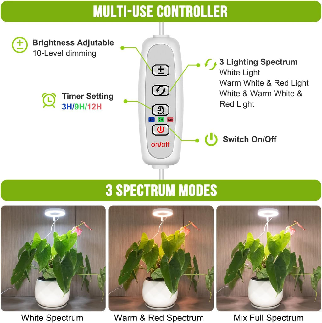 Kullsinss 3.5in Small Grow Lights for Indoor Plants, 48 LEDs Full Spectrum | White Plant Light with Base, Timer &