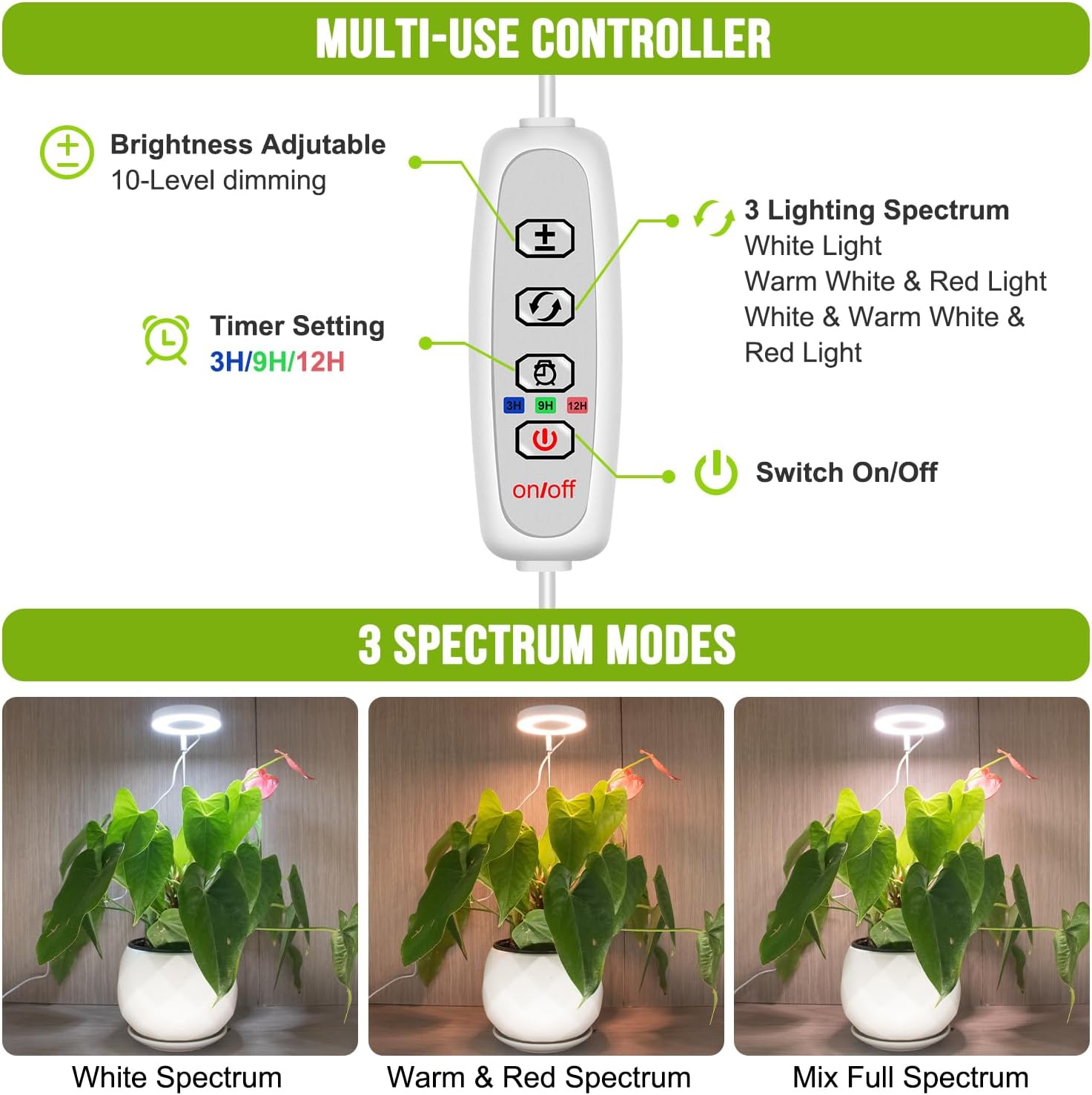 Kullsinss 3.5in Small Grow Lights for Indoor Plants, 48 LEDs Full Spectrum | White Plant Light with Base, Timer &