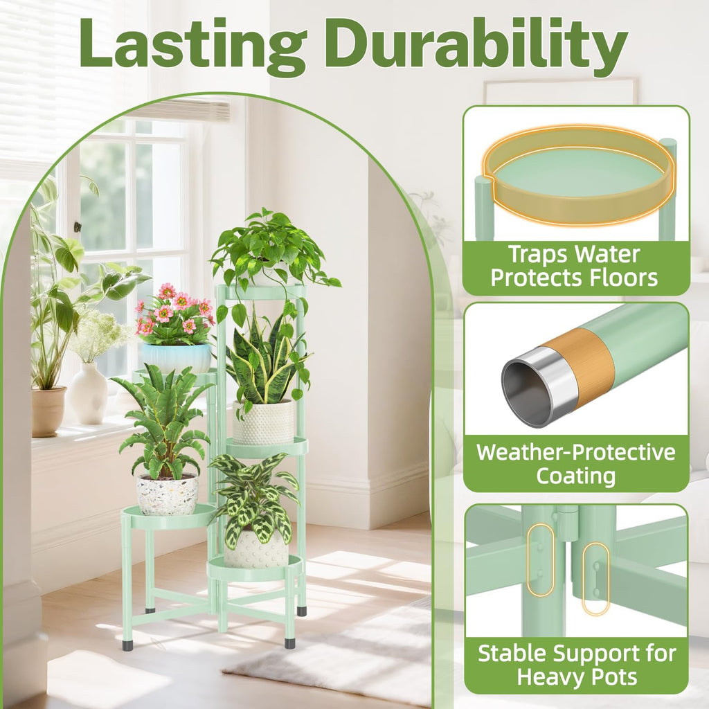 iDavosic.ly Plant Stand Indoor Outdoor, 5 Tier Metal Corner Shelf, Green | Tiered Flower Display Holder, Folding Multi