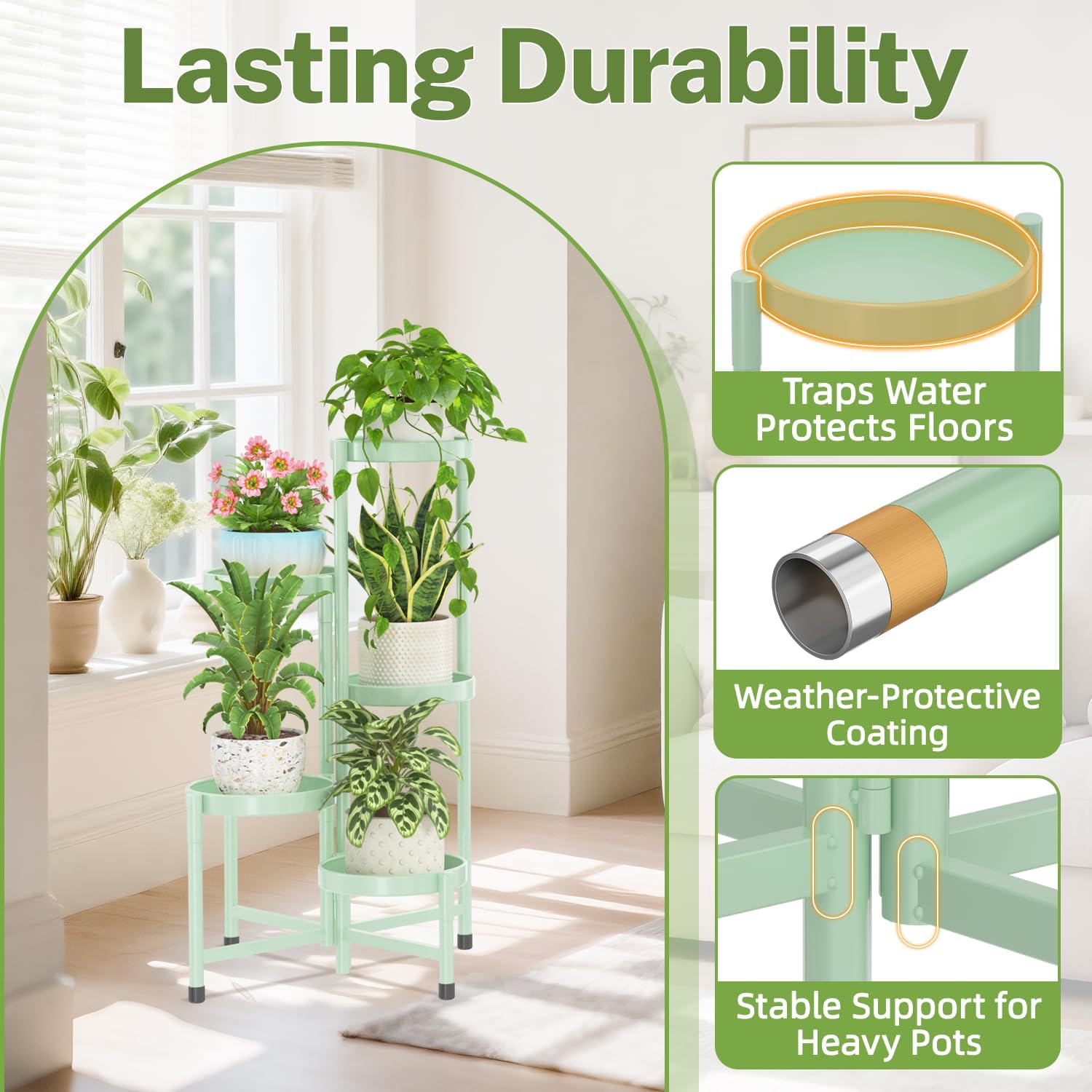 iDavosic.ly Plant Stand Indoor Outdoor, 5 Tier Metal Corner Shelf, Green | Tiered Flower Display Holder, Folding Multi