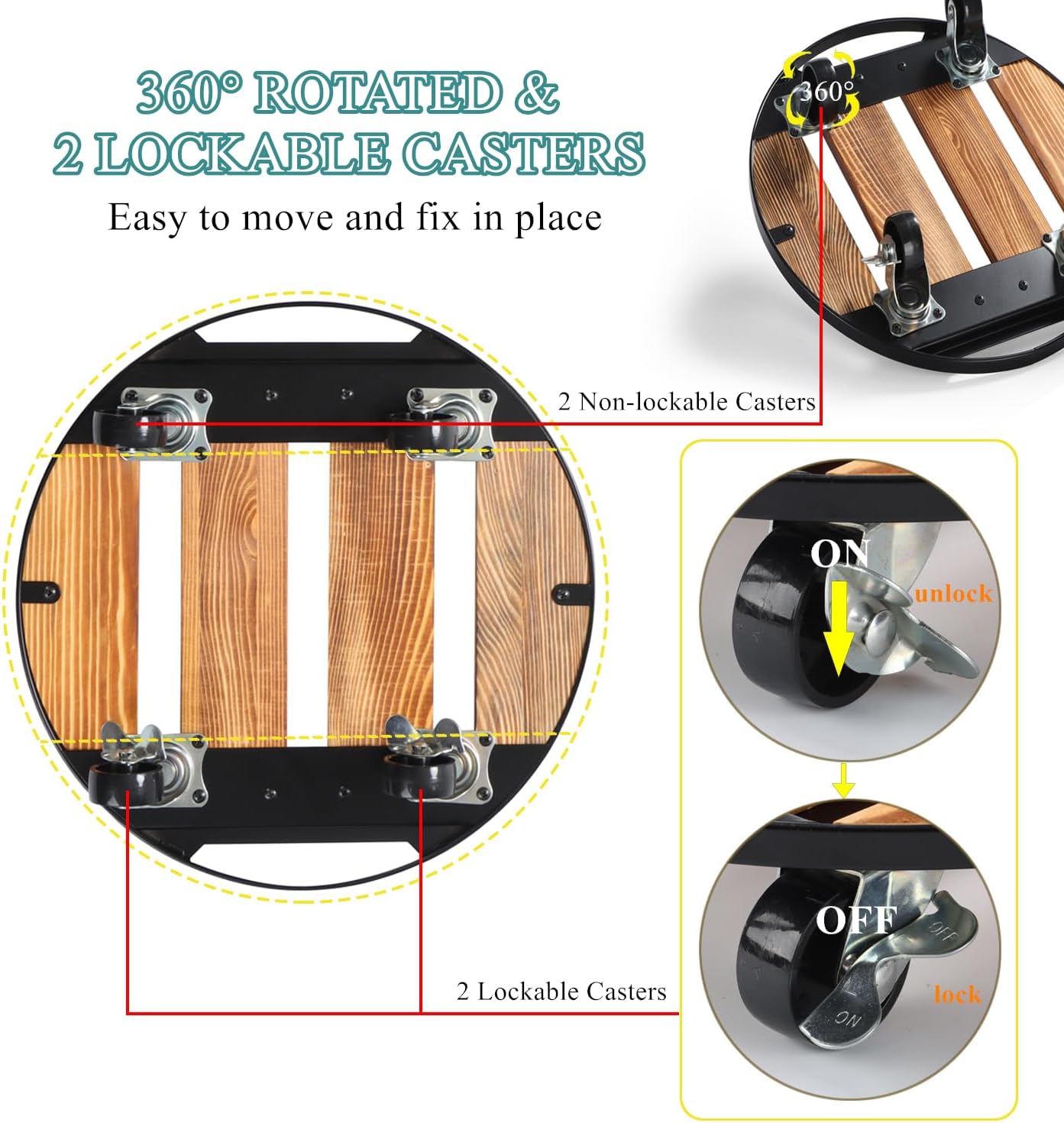 2 Pack Plant Stand with Wheels, 14" Rolling Plant Caddy 264 LB Heavy Duty, Iron and Wood Round Plant Dolly with Metal