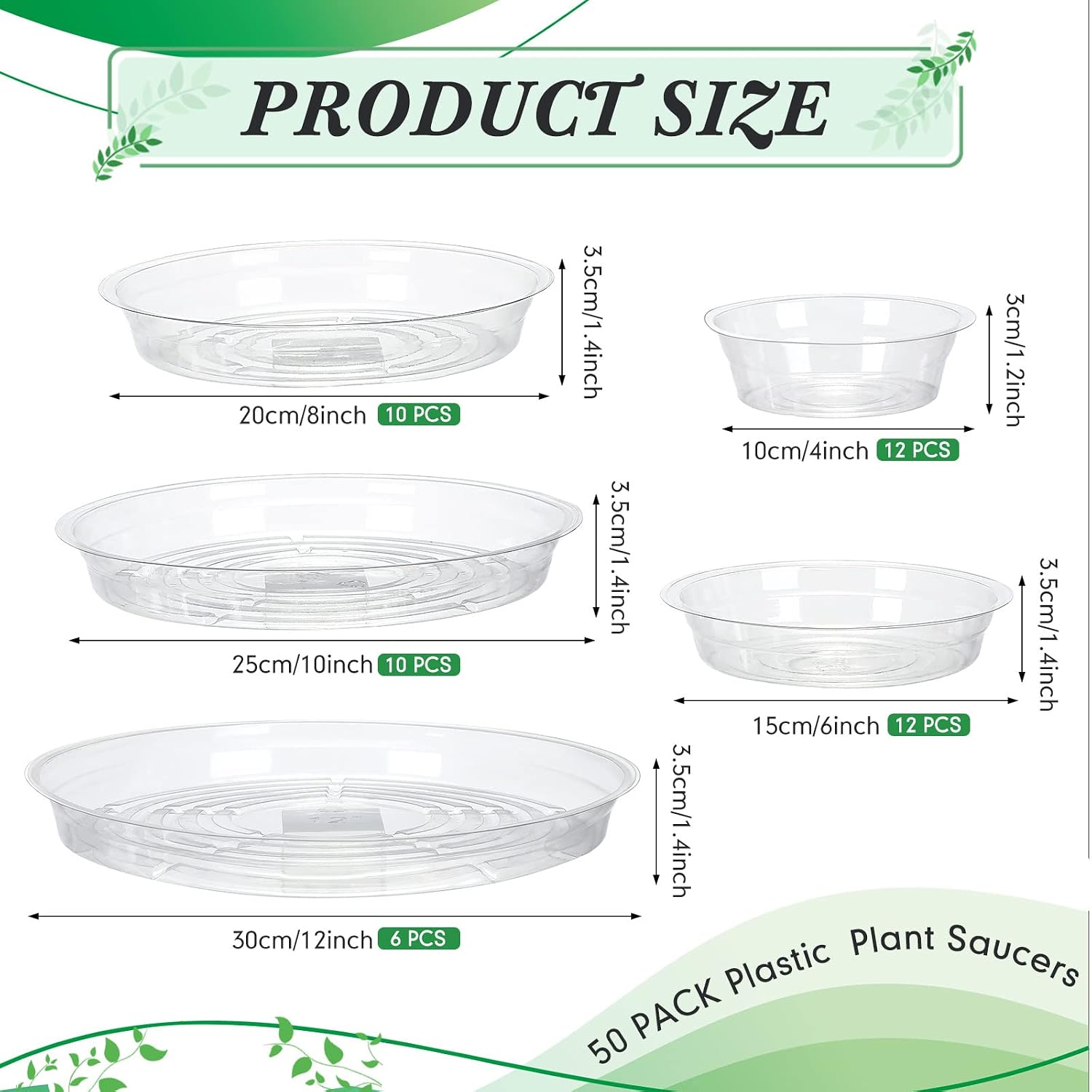 Marsui 50 Pack 4/6/8/10/12 Inch Plant Saucer Clear Plastic Plant Trays | 5 Sizes Fit Pots, Round Waterproof Drip Plate