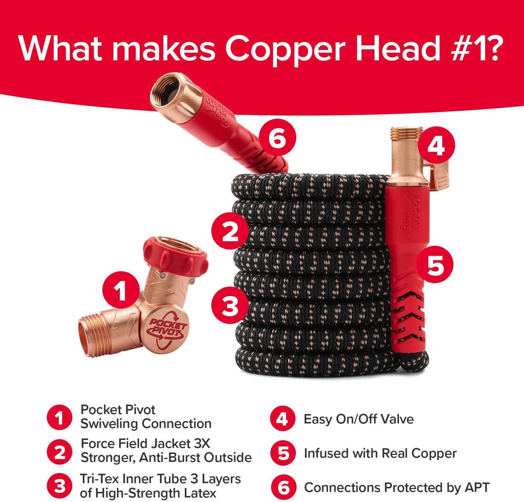 Pocket Hose 25 FT Copper Head Hose, Pocket Pivot, No Tangles, Anti-Burst | Anti-burst sleeve reinforced with