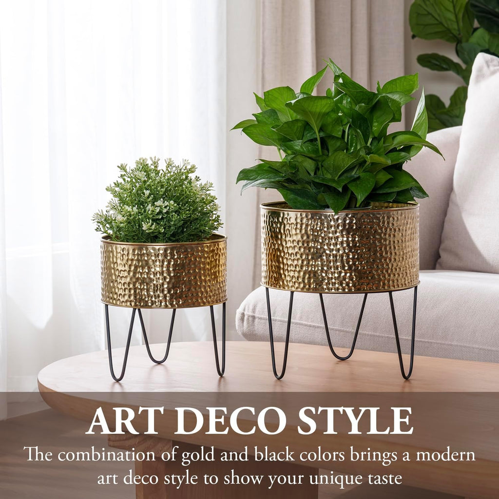 MyGift Modern Brass Metal Plant Containers with Matte Black Stands, 2 Pc | Handcrafted in India, textured planters with